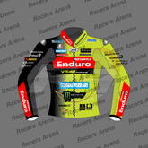 A racing team jacket mockup with a black, yellow, and red livery design, featuring sponsor logos such as Enduro, Monster Energy, and Combi Ferrari, displayed on a gray background with 'Racers Arena' watermarks.