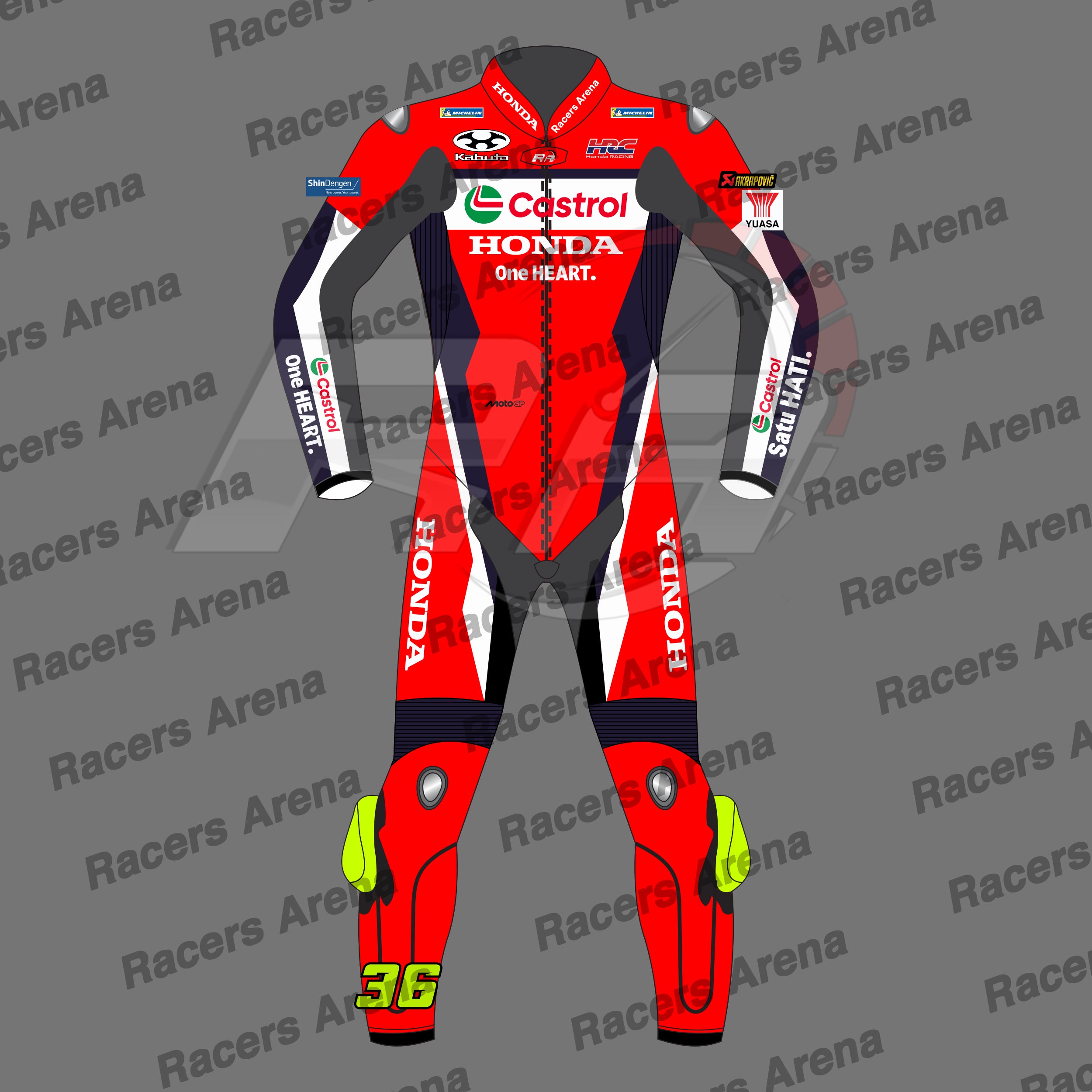 A red, black, and white motorcycle racing suit with sponsor logos, including Castrol and Honda, and protective padding.