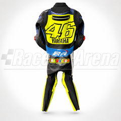 A full-body view of a black and neon yellow racing suit from the back, featuring the number 46, the word YAMAHA, and sponsor logos including Racers arena and Mobil 1. The suit is displayed on a white background with a faint 'Racers Arena' watermark.