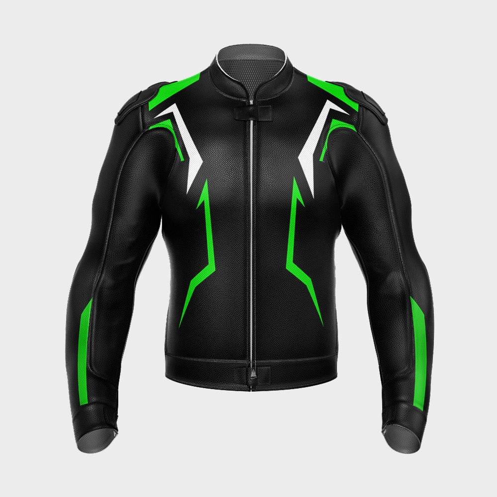 Black and Green Motorcycle Leather Racing Jacket Front