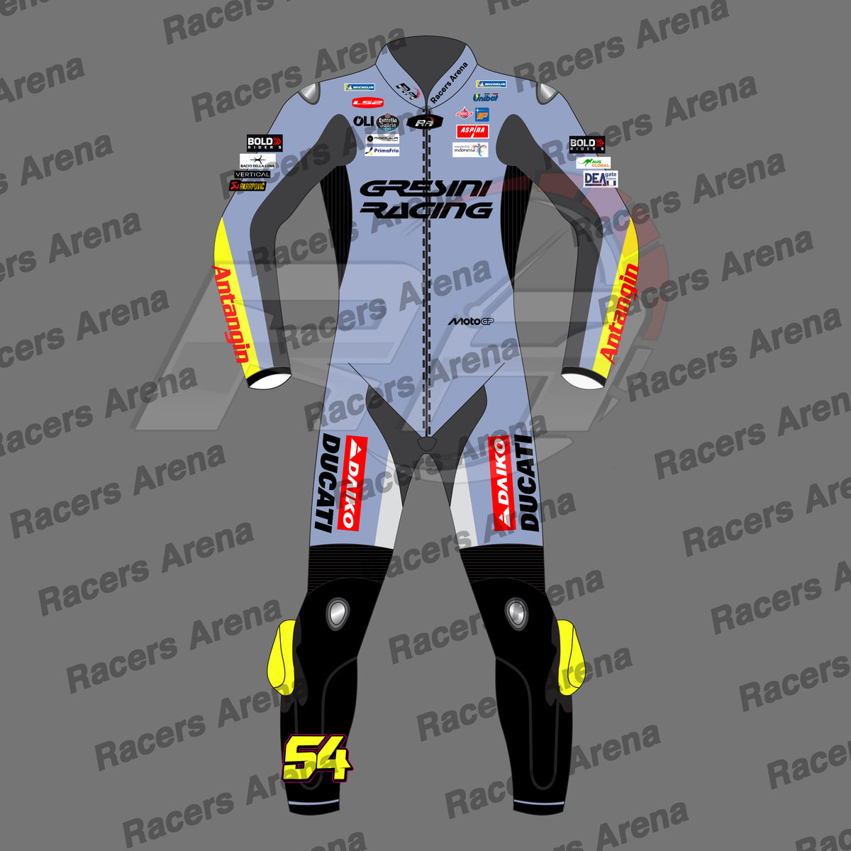 Fermin Aldeguer MotoGP 2025 Gresini Ducati Motorcycle Leather Racing Suit Front