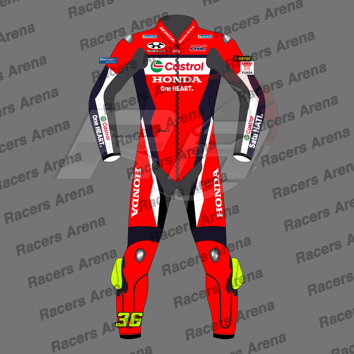 A red, black, and white motorcycle racing suit with sponsor logos, including Castrol and Honda, and protective padding.