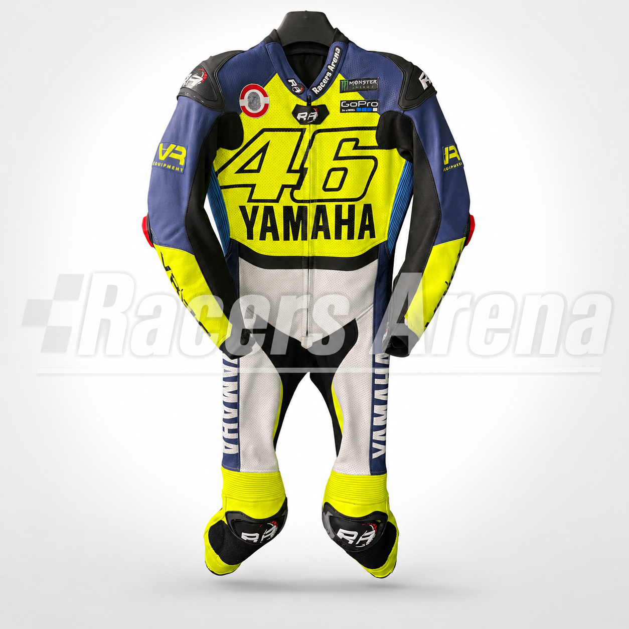 A full Yamaha racing suit with matching boots and gloves, featuring Valentino Rossi's number 46 design in blue, yellow, white, and black. The suit is displayed on a ghost mannequin against a light gray background with a 'RacersArena' watermark.
