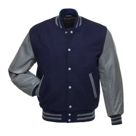 Navy Blue Letterman Jacket with Grey Leather Sleeves