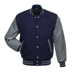 Navy Blue Letterman Jacket with Grey Leather Sleeves