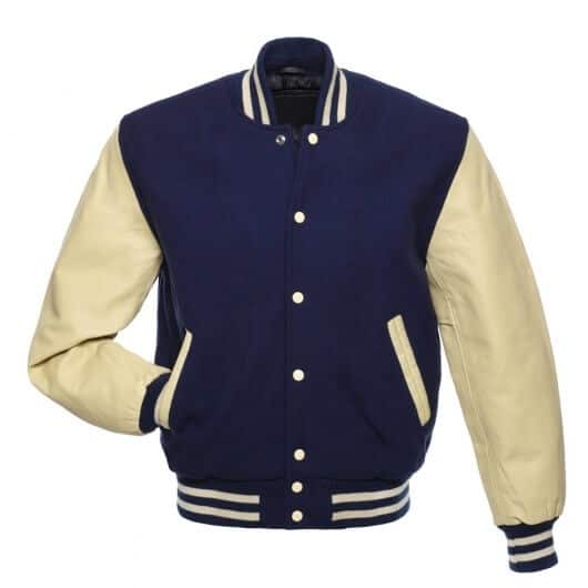 Navy Blue Letterman Jacket with Natural Leather Sleeves