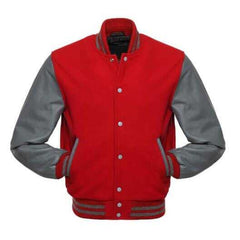 Red Letterman Jacket with Grey Leather Sleeves