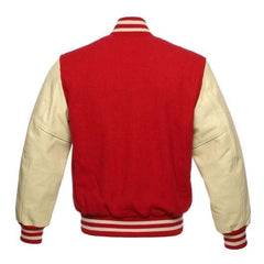 Red Letterman Jacket with Natural Leather Sleeves