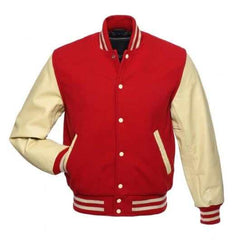 Red Letterman Jacket with Natural Leather Sleeves