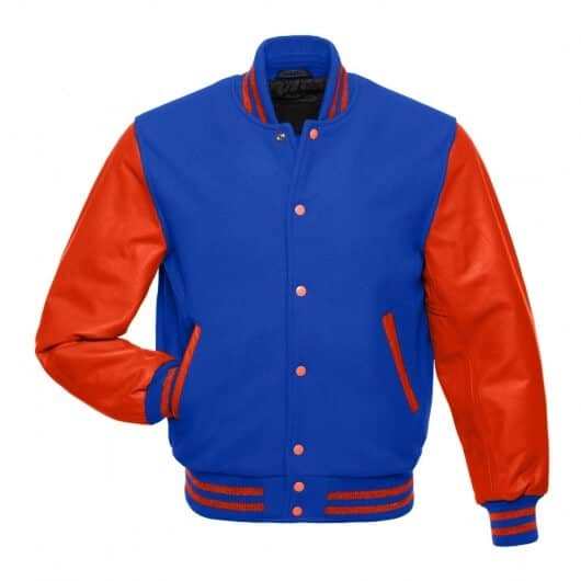 Blue Letterman Jacket with Orange Leather Sleeves