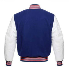 Royal Blue and Red Striped Letterman Jacket with White Leather Sleeves