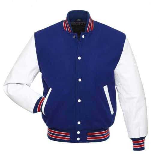 Royal Blue and Red Striped Letterman Jacket with White Leather Sleeves