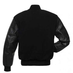 Solid Black Letterman Jacket with Leather Sleeves