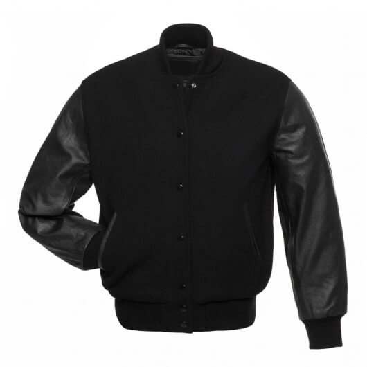 Solid Black Letterman Jacket with Leather Sleeves