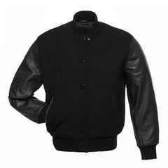 Solid Black Letterman Jacket with Leather Sleeves