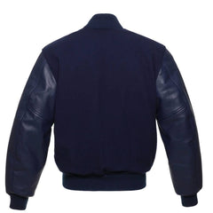 Solid Navy Blue Letterman Jacket with Leather Sleeves