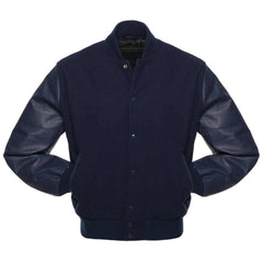 Solid Navy Blue Letterman Jacket with Leather Sleeves