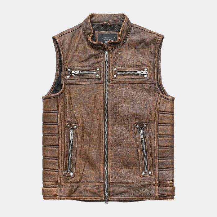 Vintage Brown Motorcycle Leather Vest Front 