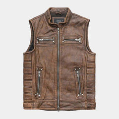 Vintage Brown Motorcycle Leather Vest Front 